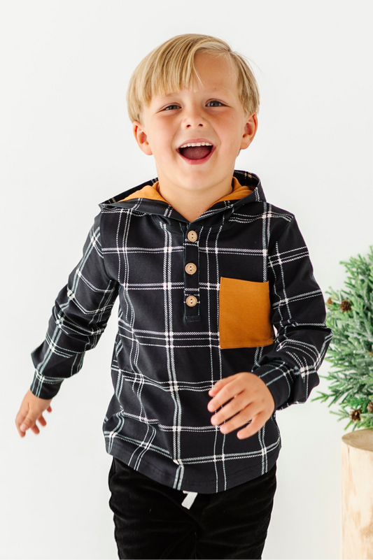 Black Plaid Hooded Henley