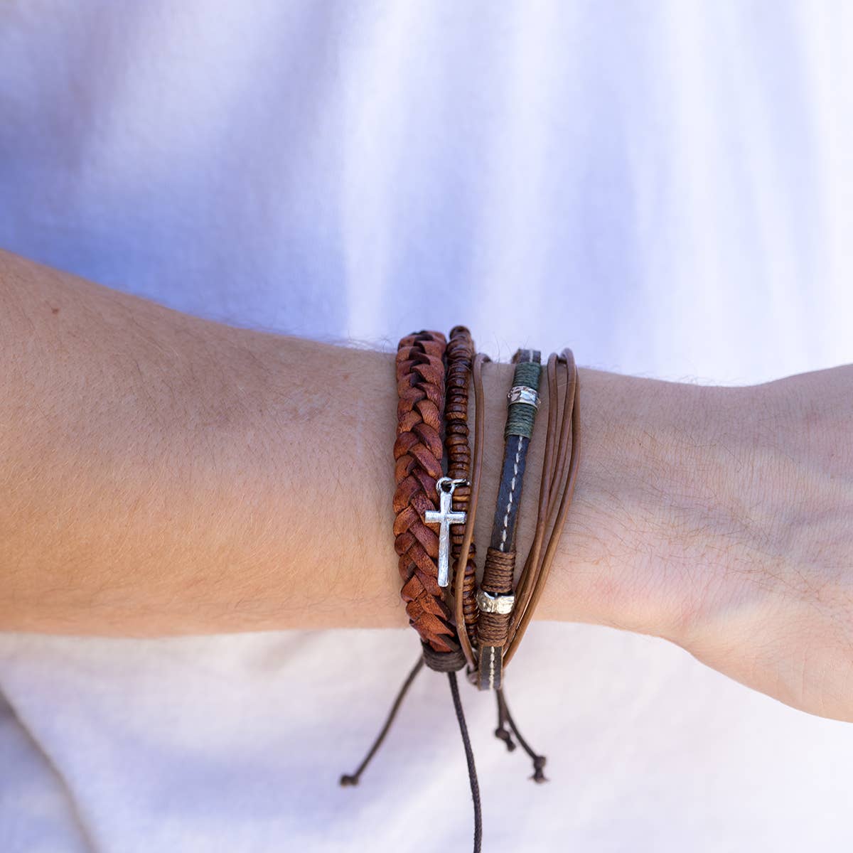 Mens Leather Bracelet | Cross Stack