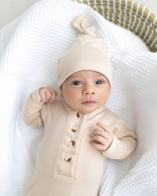 Newborn Knotted Baby Gown, Bow + Hat Set | Sand