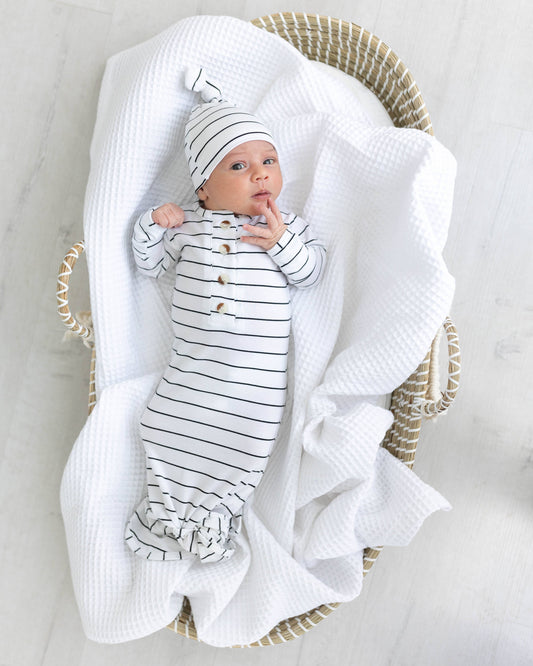 Newborn Knotted Baby Gown, Bow + Hat Set | Black Stripes