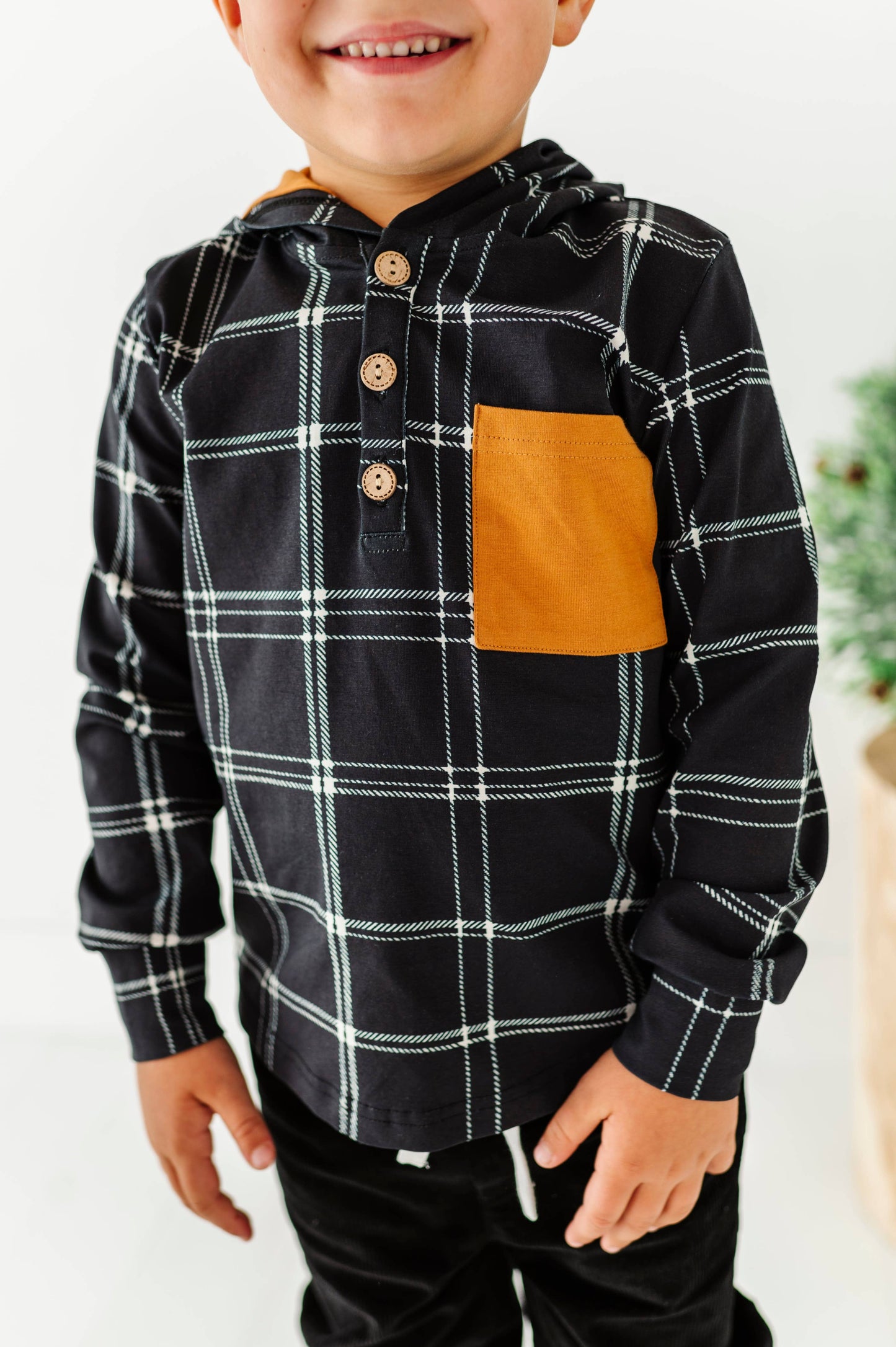Black Plaid Hooded Henley
