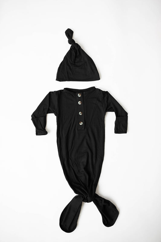 Newborn Knotted Baby Gown + Hat | Black