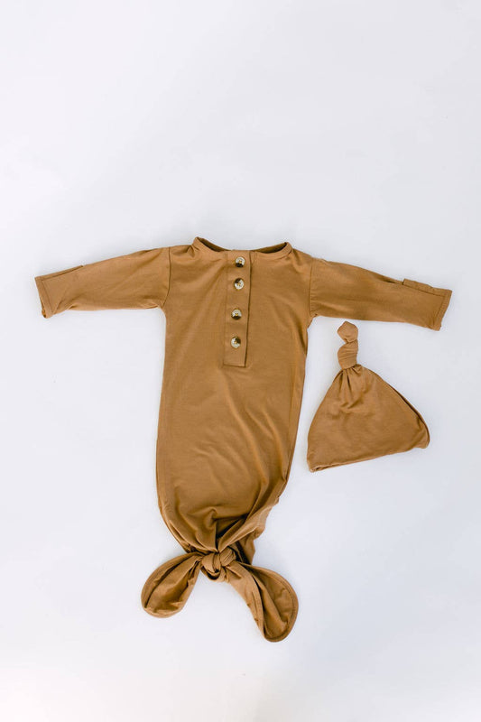Newborn Knotted Baby Gown, Bow + Hat Set | Camel Brown