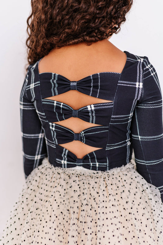 Black Plaid Bow Back Long Sleeve Top