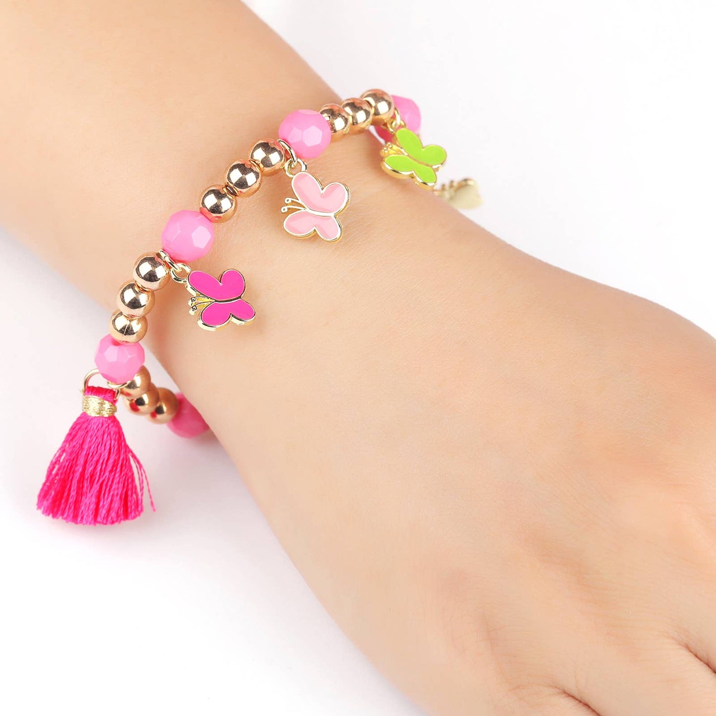 Butterfly Beaded Bracelet with Pink Tassel
