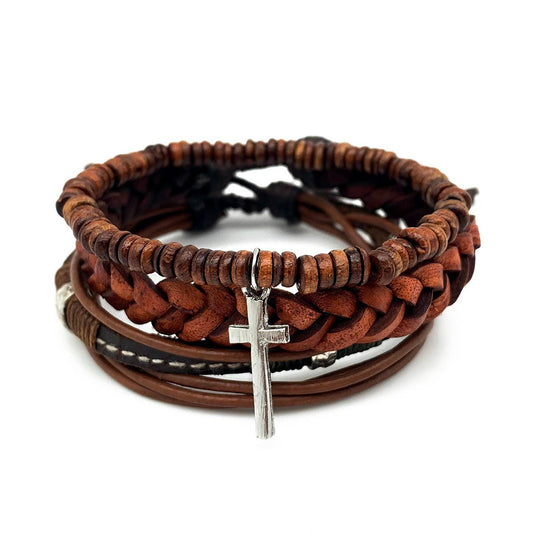 Mens Leather Bracelet | Cross Stack