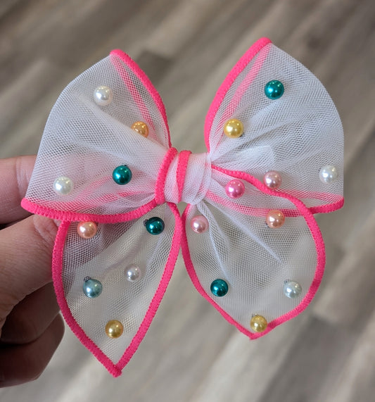 Pink Mesh Pearl Bow