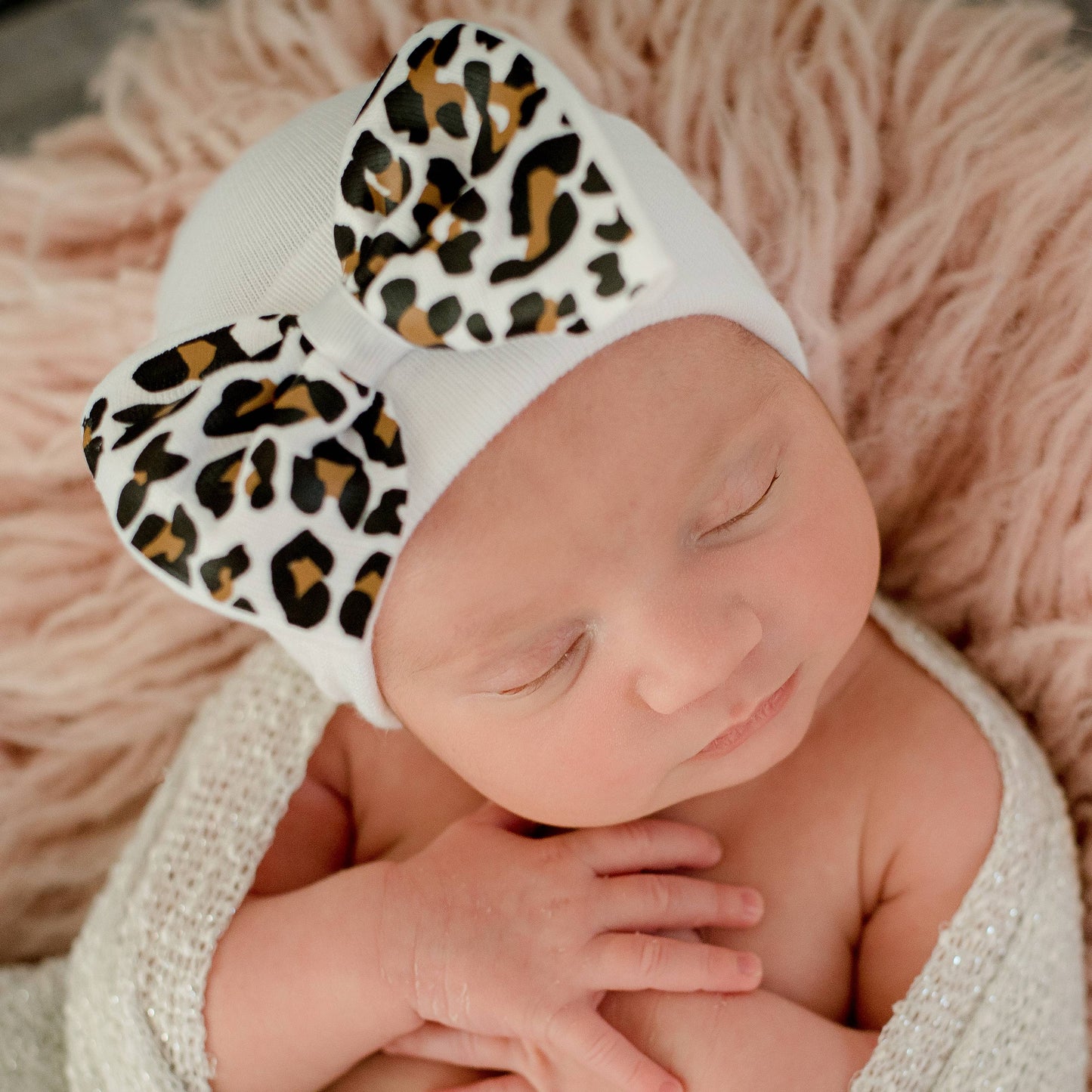 Leopard Bow Newborn Hat