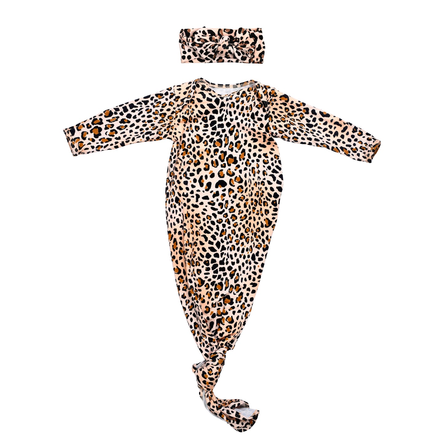 Newborn Knotted Baby Gown + Headband | Leopard