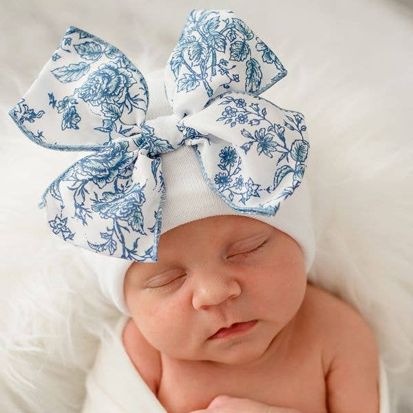 Blue Floral Newborn Bow Hat