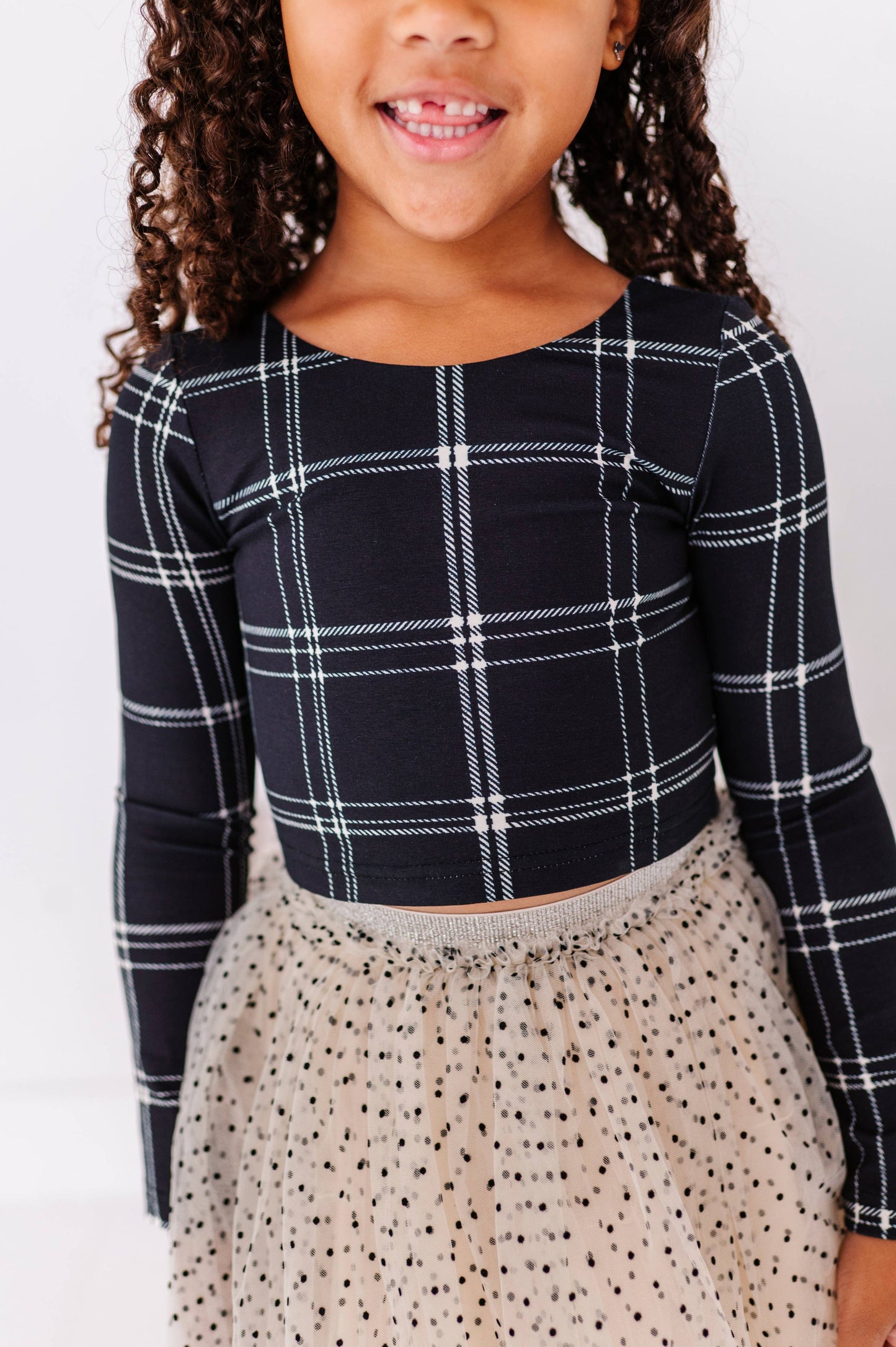 Black Plaid Bow Back Long Sleeve Top