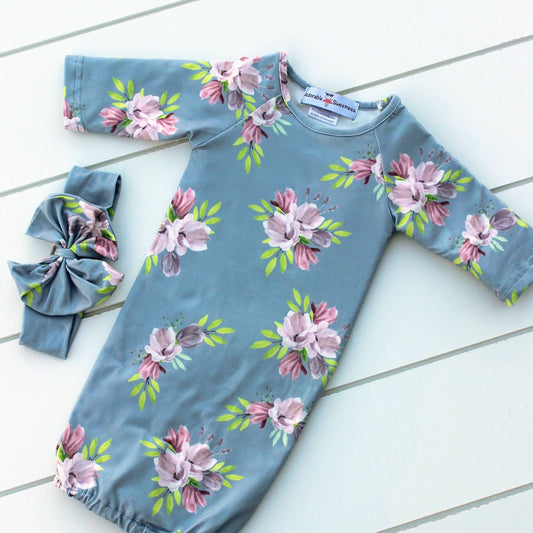 Blue Floral Baby Gown and Bow Headband