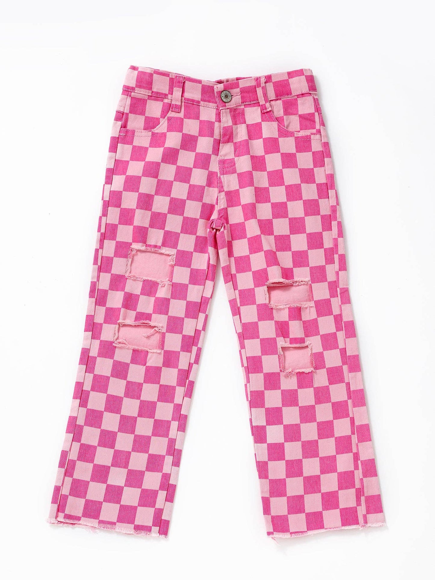 Pink Checked Distressed Jeans