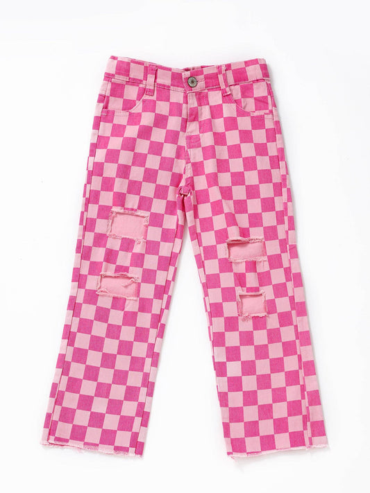 Pink Checked Distressed Jeans