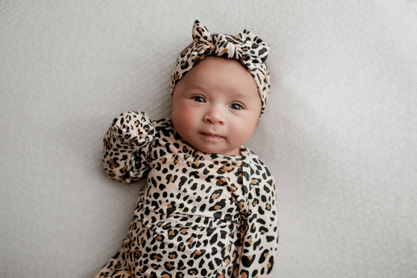Newborn Knotted Baby Gown + Headband | Leopard