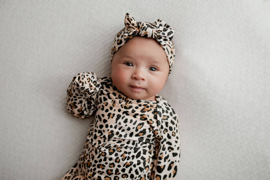 Newborn Knotted Baby Gown + Headband | Leopard
