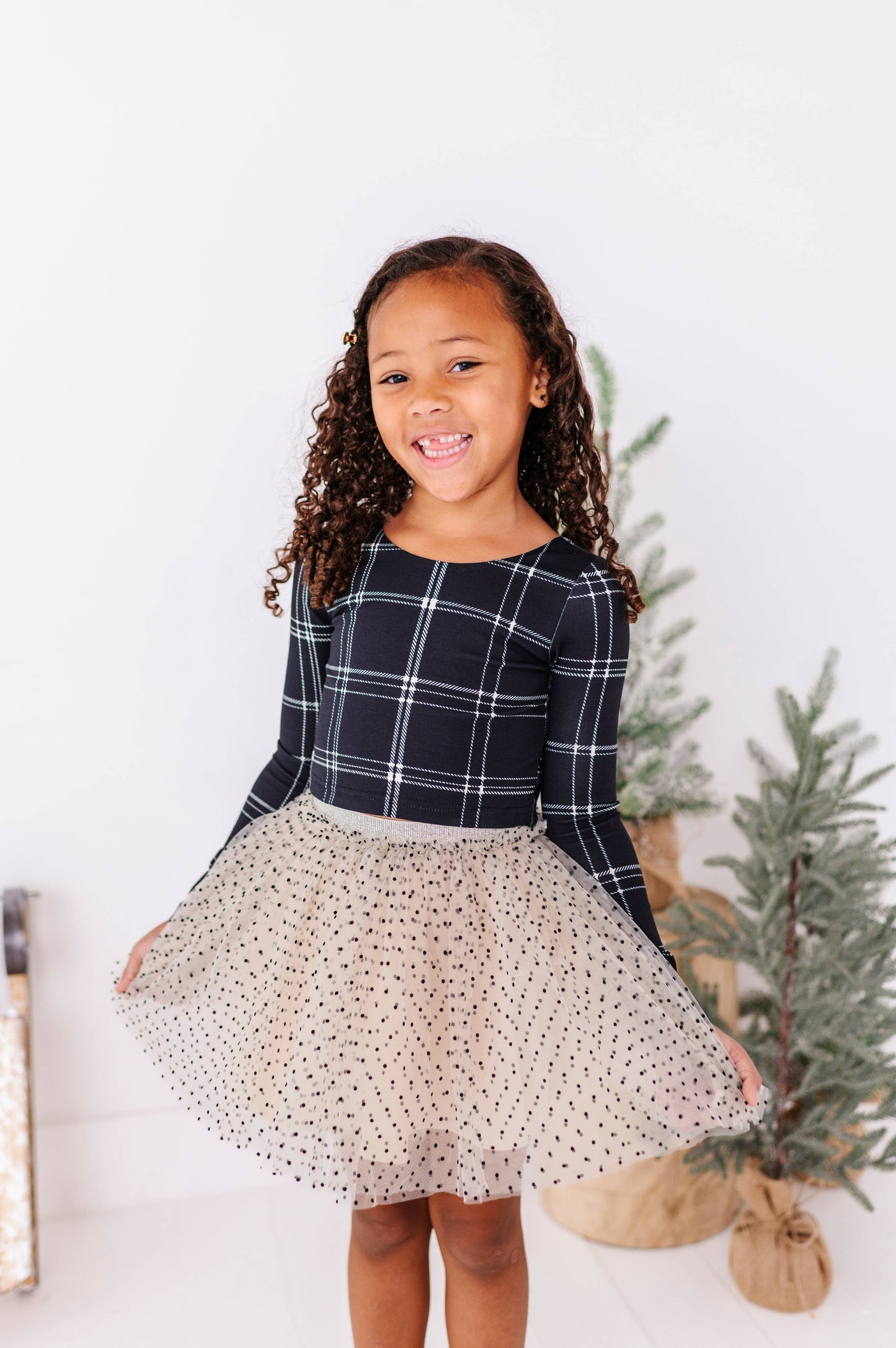 Black Plaid Bow Back Long Sleeve Top