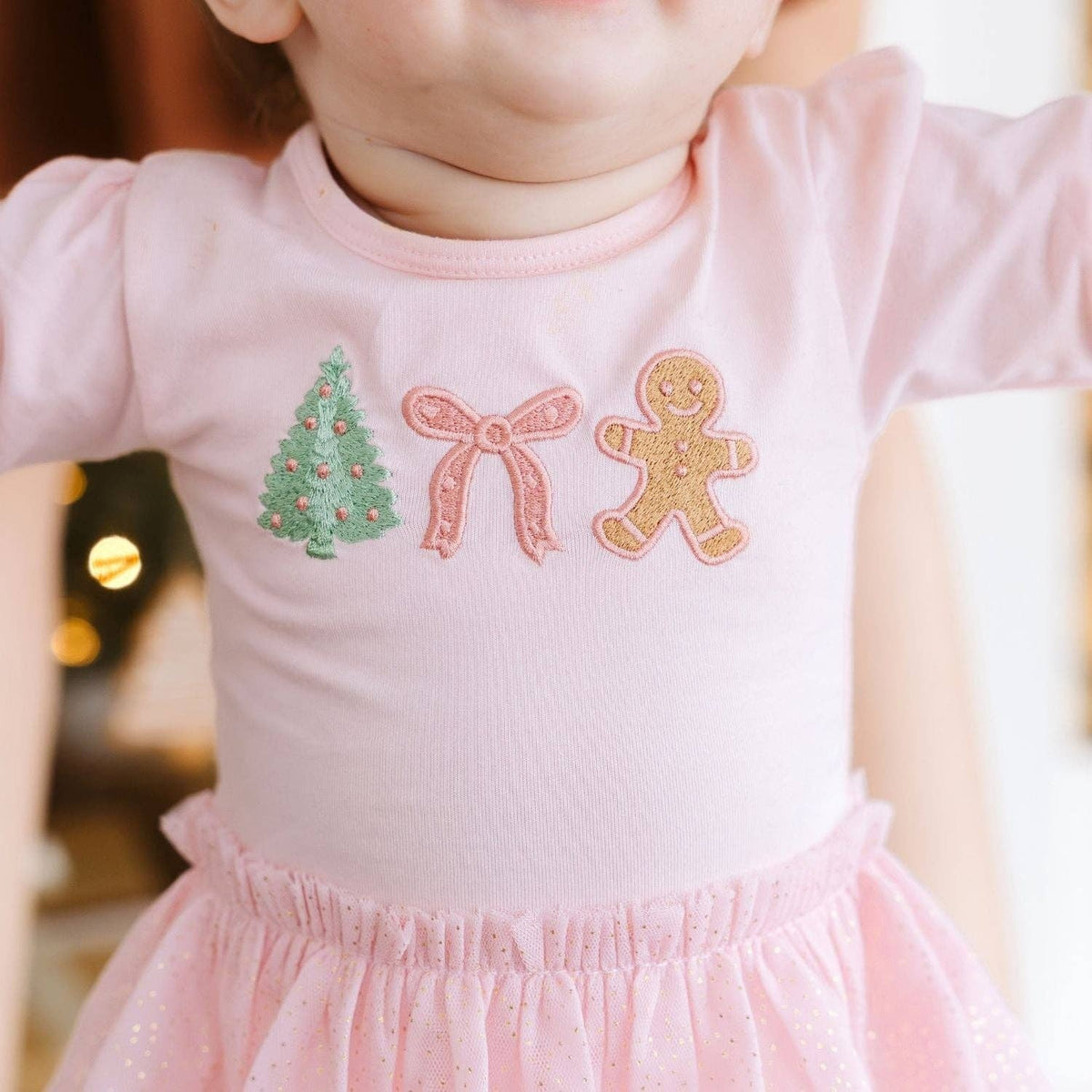 Gingerbread Embroidered Christmas Long Sleeve Tutu Bodysuit