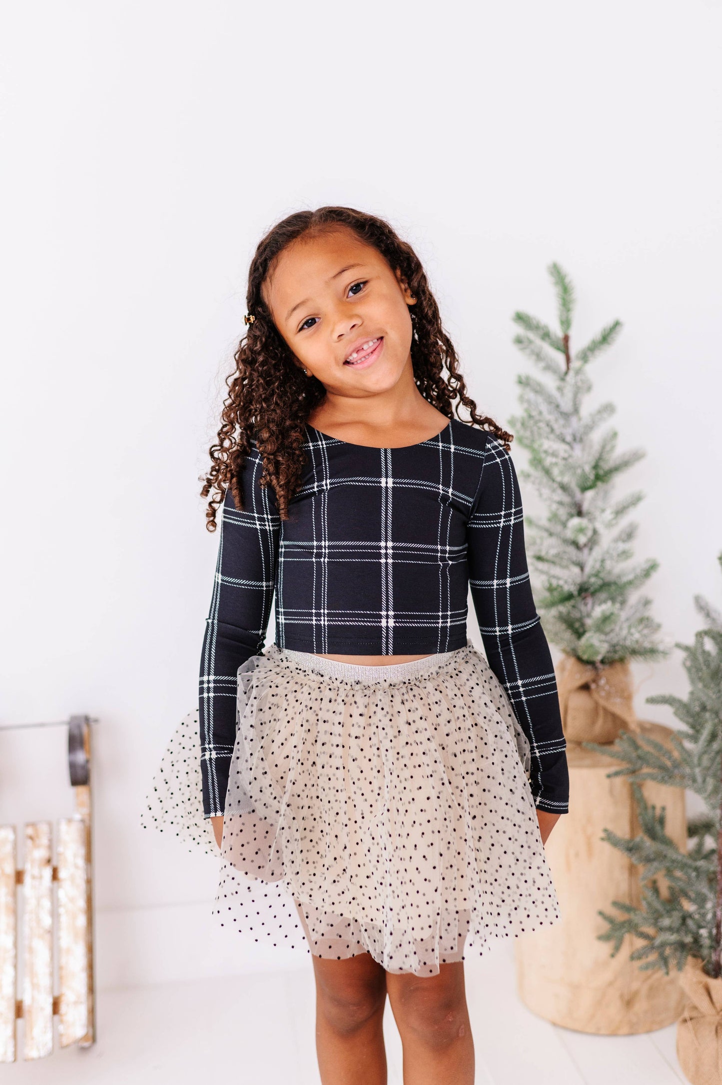 Black Plaid Bow Back Long Sleeve Top