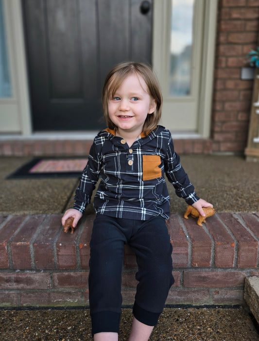 Black Plaid Hooded Henley